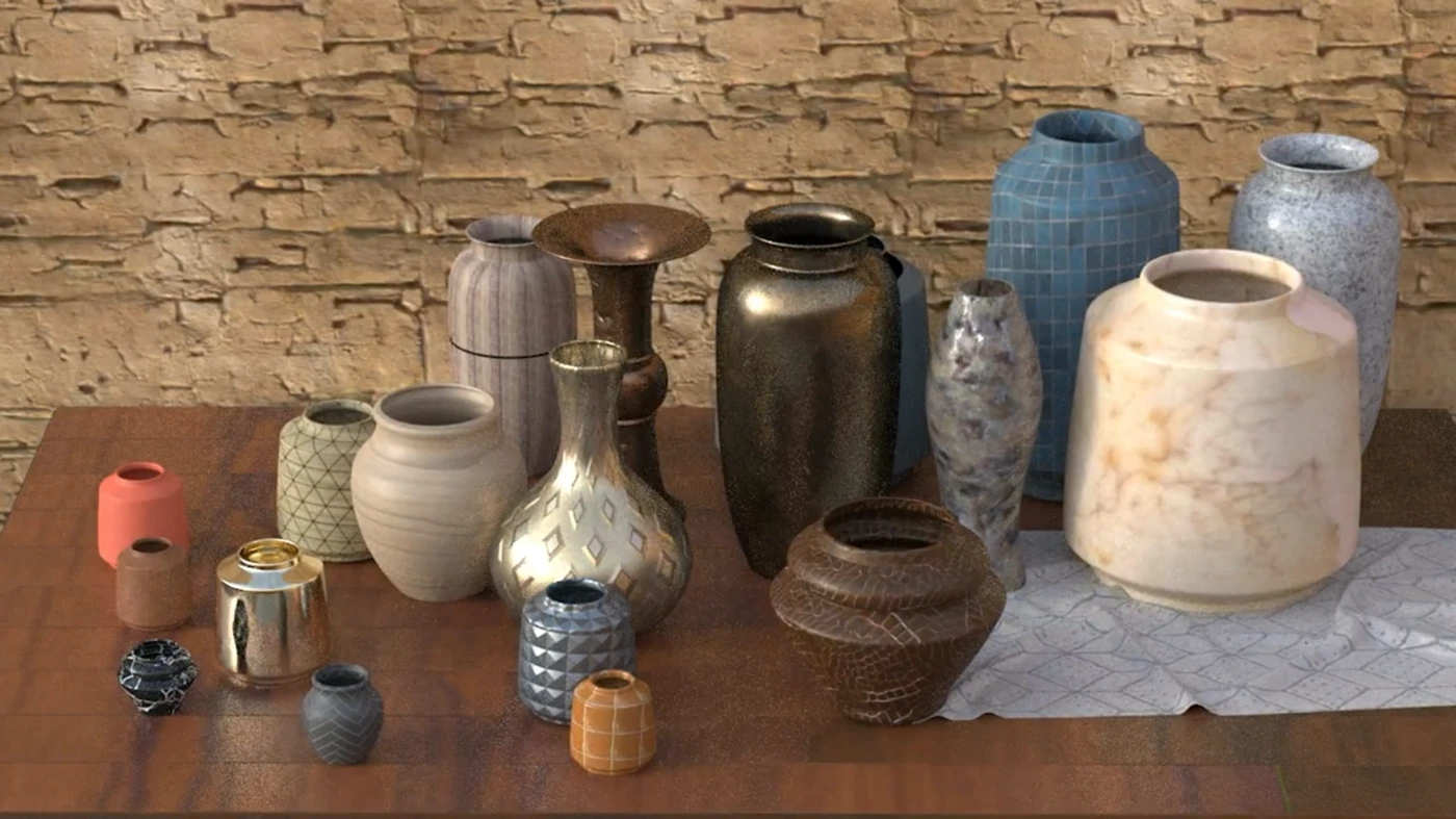 Generative Neural Materials: a rendered still life of ceramic, metallic, and textured vases.