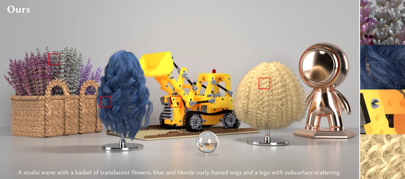 Relightable Neural Assets: a rendered scene with flowers, hair, a toy loader, and a reflective figure.